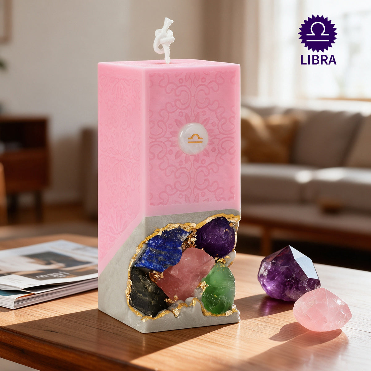 Libra Crystal Infused Scented Candle, Meditation Healing Gift, Custom Personalized