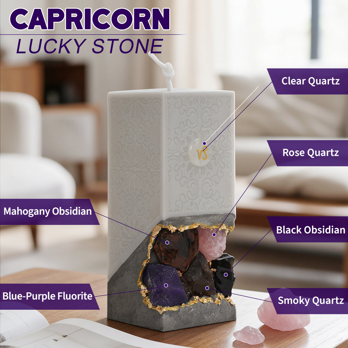 Capricorn Crystal Infused Scented Candle, Meditation Healing Gift, Custom Personalized