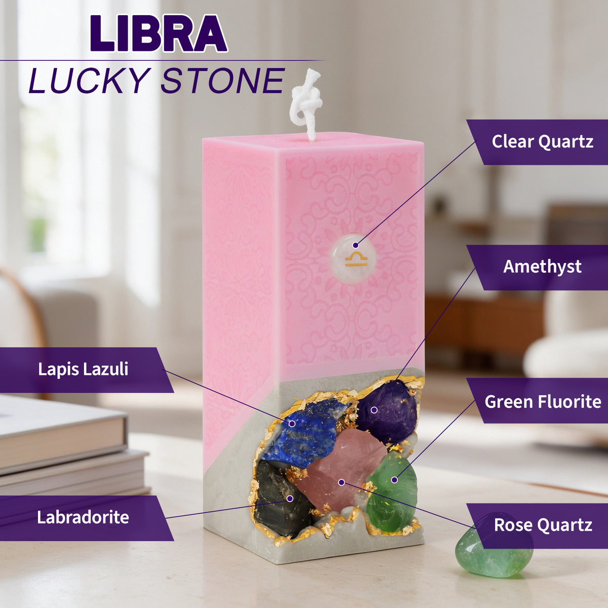 Libra Crystal Infused Scented Candle, Meditation Healing Gift, Custom Personalized