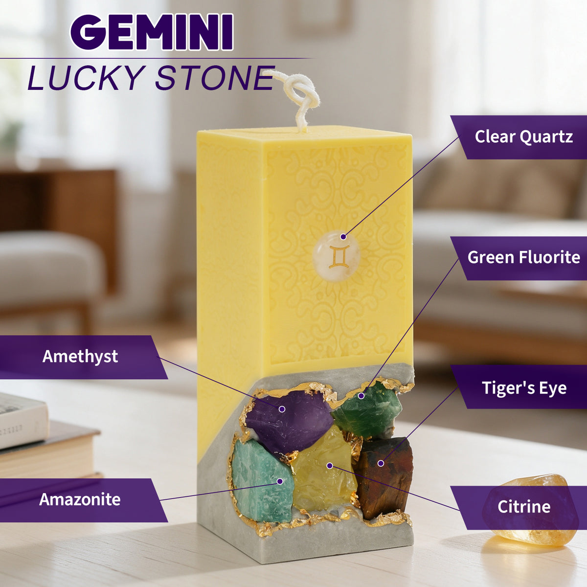 Gemini Crystal Infused Scented Candle, Meditation Healing Gift, Custom Personalized